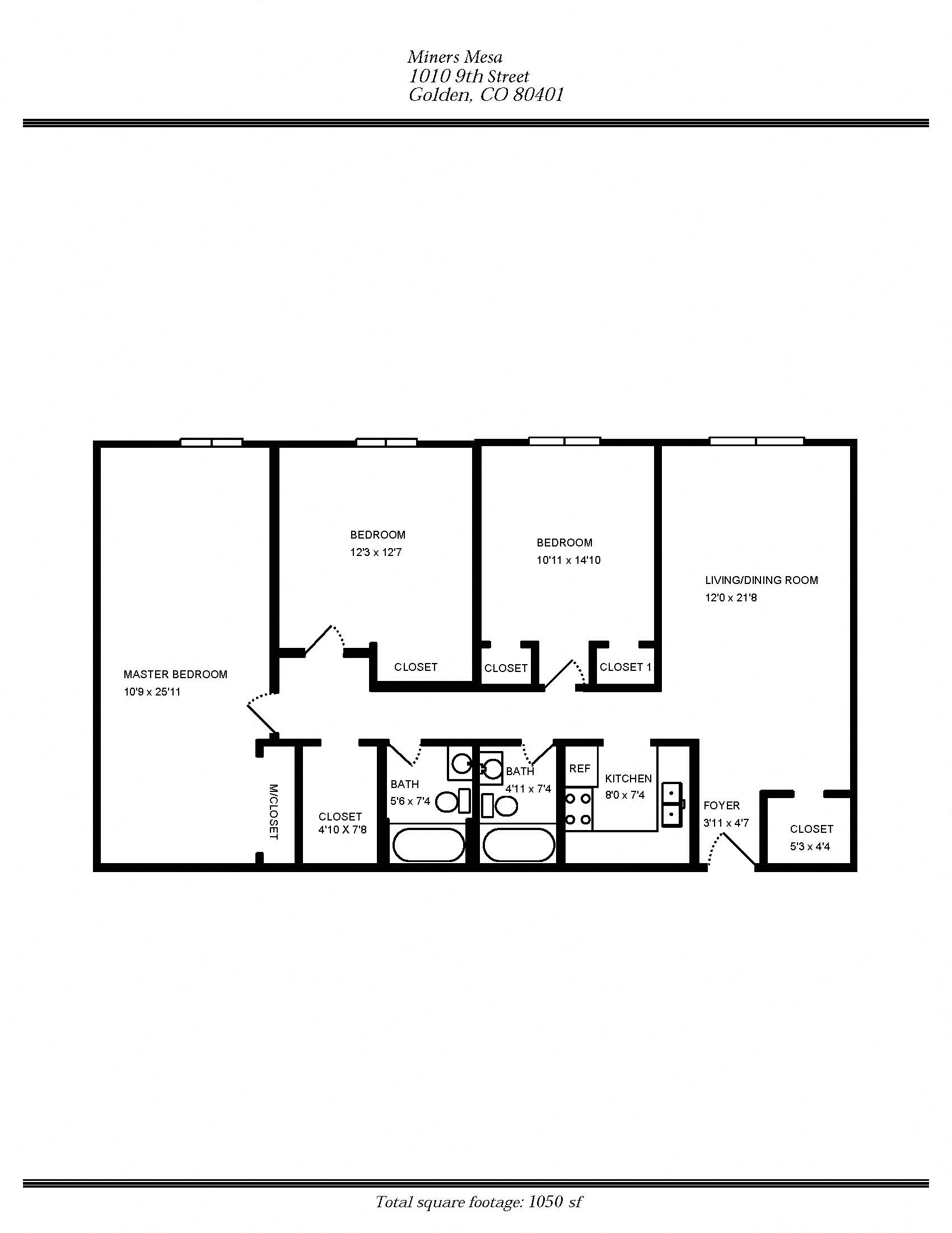 Floor plan for 3 beds, 2 baths, 1013 sqft